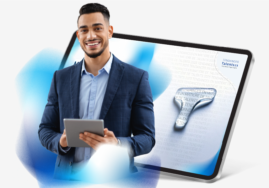 Un homme en costume tenant une tablette, avec un fond bleu.