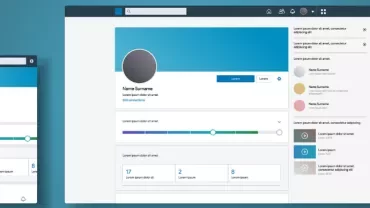 Responsive social media profile layout with a sidebar and main content area on desktop and mobile views.
