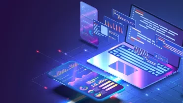 Digital illustration of a laptop and smartphone with data graphs and code.
