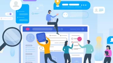 Illustration of people interacting with a large web interface and speech bubbles.