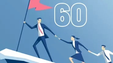 Three business figures scaling a peak, carrying a flag; number 60 in the background.