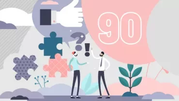 Illustration of two people talking with puzzle pieces and number 90.