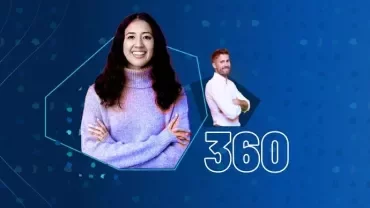 Woman and man in hexagons on blue background with number 360.