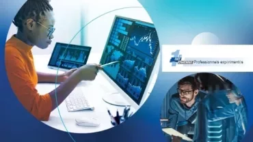 Femme analysant des données sur des écrans d'ordinateur.