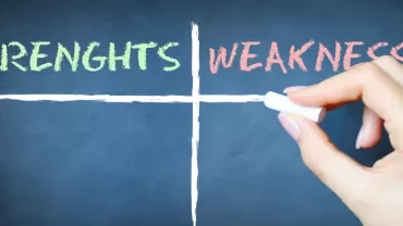 Hand holding chalk writes 'STRENGHTS' and 'WEAKNESSES' on a chalkboard grid.