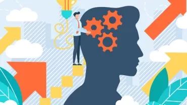 Illustration of a person with gears in their head, surrounded by arrows and clouds.