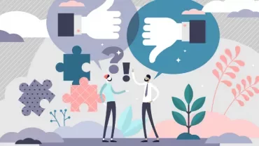 Two people discussing with thumbs up and down symbols, puzzle pieces, and clouds around them.