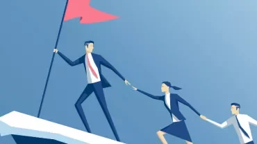 Illustration of a leader with a flag guiding two colleagues uphill.