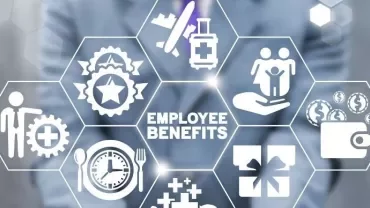 Employee benefits icons including healthcare, vacation, and pay.