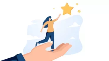 Illustration of a person reaching for a star while standing on a hand.