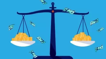 Scales balancing gold coins and floating dollar bills.