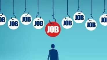 Person looking at job opportunities symbolized by hooks and job signs.