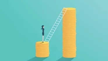 Woman standing on coins with ladder to higher stack.