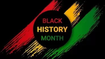 Black History Month text over red, yellow, and green stripes.