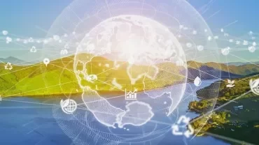 Digital globe overlay on a river and mountains landscape with eco icons.