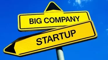 Yellow road signs indicating big company and startup directions.