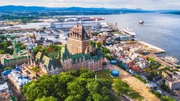 Aerial view of Quebec City with the Château Frontenac and St. Lawrence River.