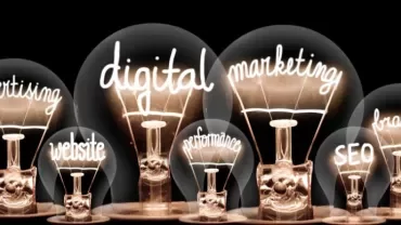 Light bulbs showing words: analysis, advertising, website, digital, marketing, performance, SEO, brand, strategy.