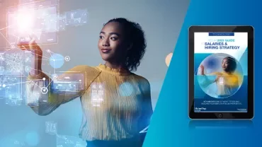 Woman interacts with holographic interface; tablet beside her shows a guide on salaries and hiring strategy.