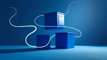 Three blue cubic containers arranged on a blue background, with a white flowing line evoking movement and supply chain dynamics