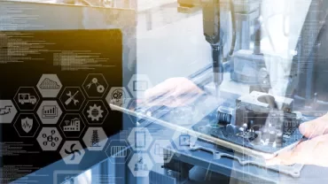 Digital interface with technology icons and a person assembling electronic components.