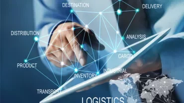 Person using a tablet with logistics concepts and a world map overlay.