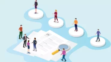 Illustration of people reviewing resumes on floating platforms, magnifying glass over a CV.