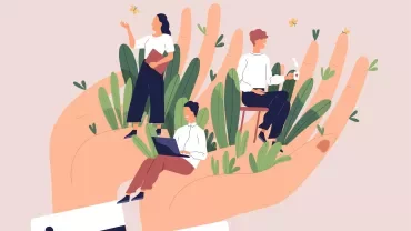 Illustration of people working in a giant hand with plants.
