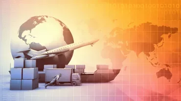 Global logistics concept with plane, ship, and globe.