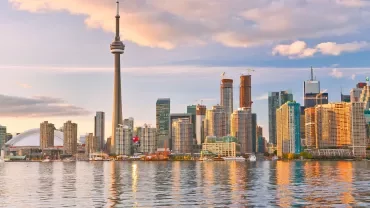 Toronto skyline at sunset with CN Tower