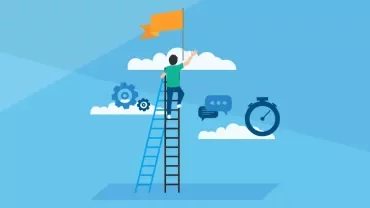 Person climbing a ladder to a flag with gears and stopwatch in the background.