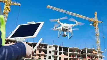 Drone flying near a construction site with cranes in the background.