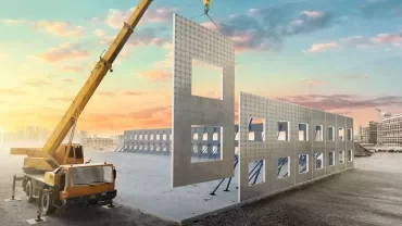 Crane lifting concrete wall at construction site during sunset.