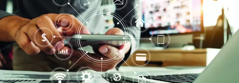 Person using smartphone with digital icons overlayed, showing connectivity and communication.