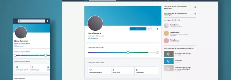 Responsive social media profile layout with a sidebar and main content area on desktop and mobile views.
