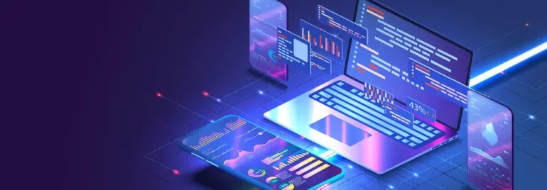 Digital illustration of a laptop and smartphone with data graphs and code.