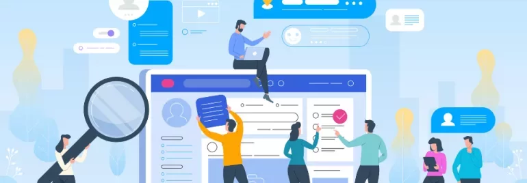 Illustration of people interacting with a large web interface and speech bubbles.