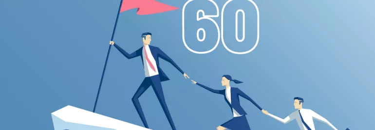 Three business figures scaling a peak, carrying a flag; number 60 in the background.