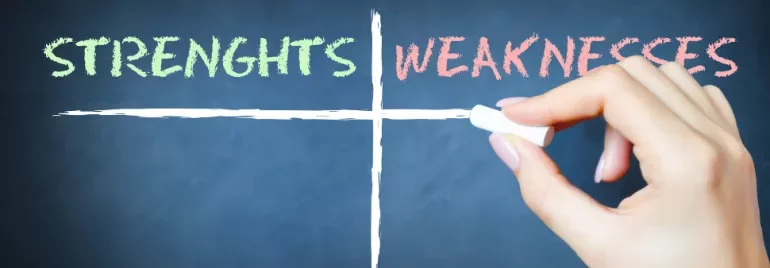 Hand holding chalk writes 'STRENGHTS' and 'WEAKNESSES' on a chalkboard grid.