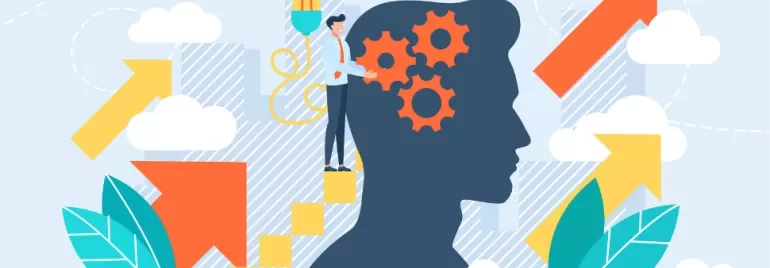 Illustration of a person with gears in their head, surrounded by arrows and clouds.
