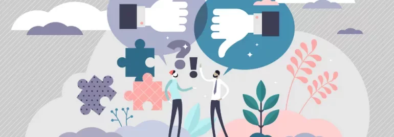 Two people discussing with thumbs up and down symbols, puzzle pieces, and clouds around them.