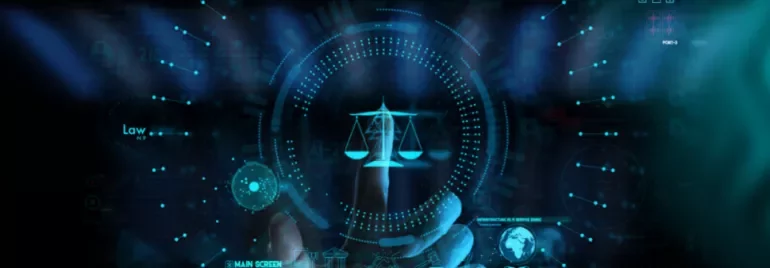 Futuristic digital interface with justice scales hologram.