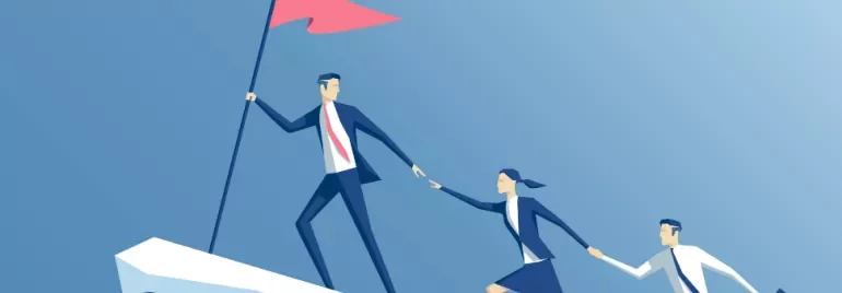Illustration of a leader with a flag guiding two colleagues uphill.