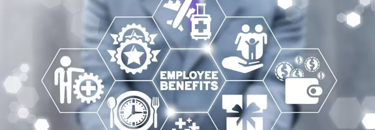 Employee benefits icons including healthcare, vacation, and pay.