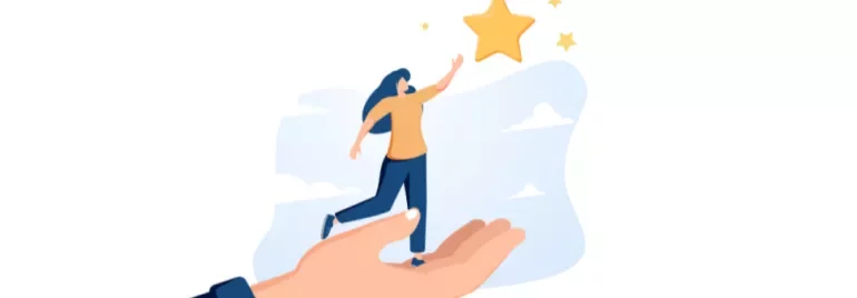 Illustration of a person reaching for a star while standing on a hand.