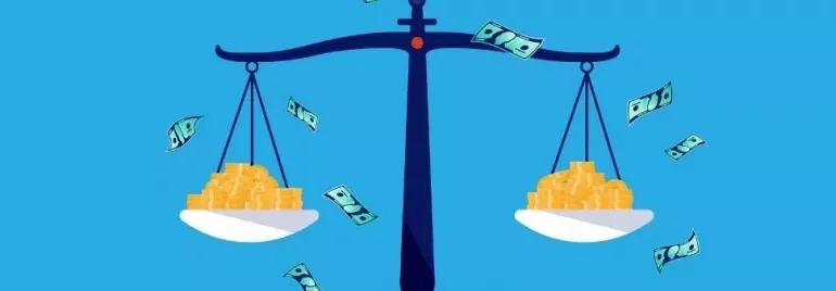 Scales balancing gold coins and floating dollar bills.