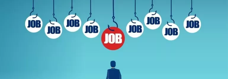 Person looking at job opportunities symbolized by hooks and job signs.