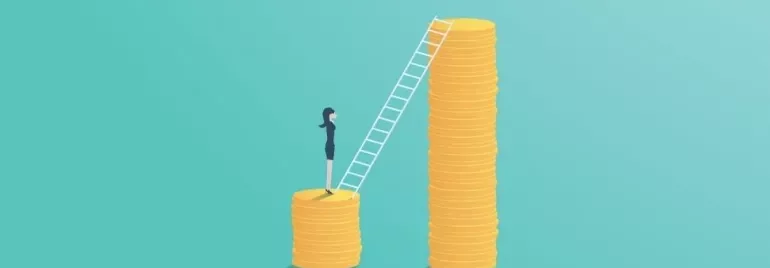 Woman standing on coins with ladder to higher stack.