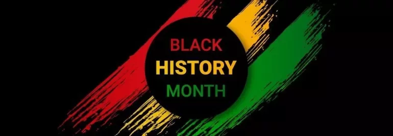 Black History Month text over red, yellow, and green stripes.