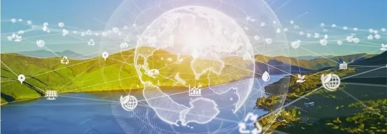 Globe numérique sur un paysage de rivière et montagnes avec des icônes écologiques.